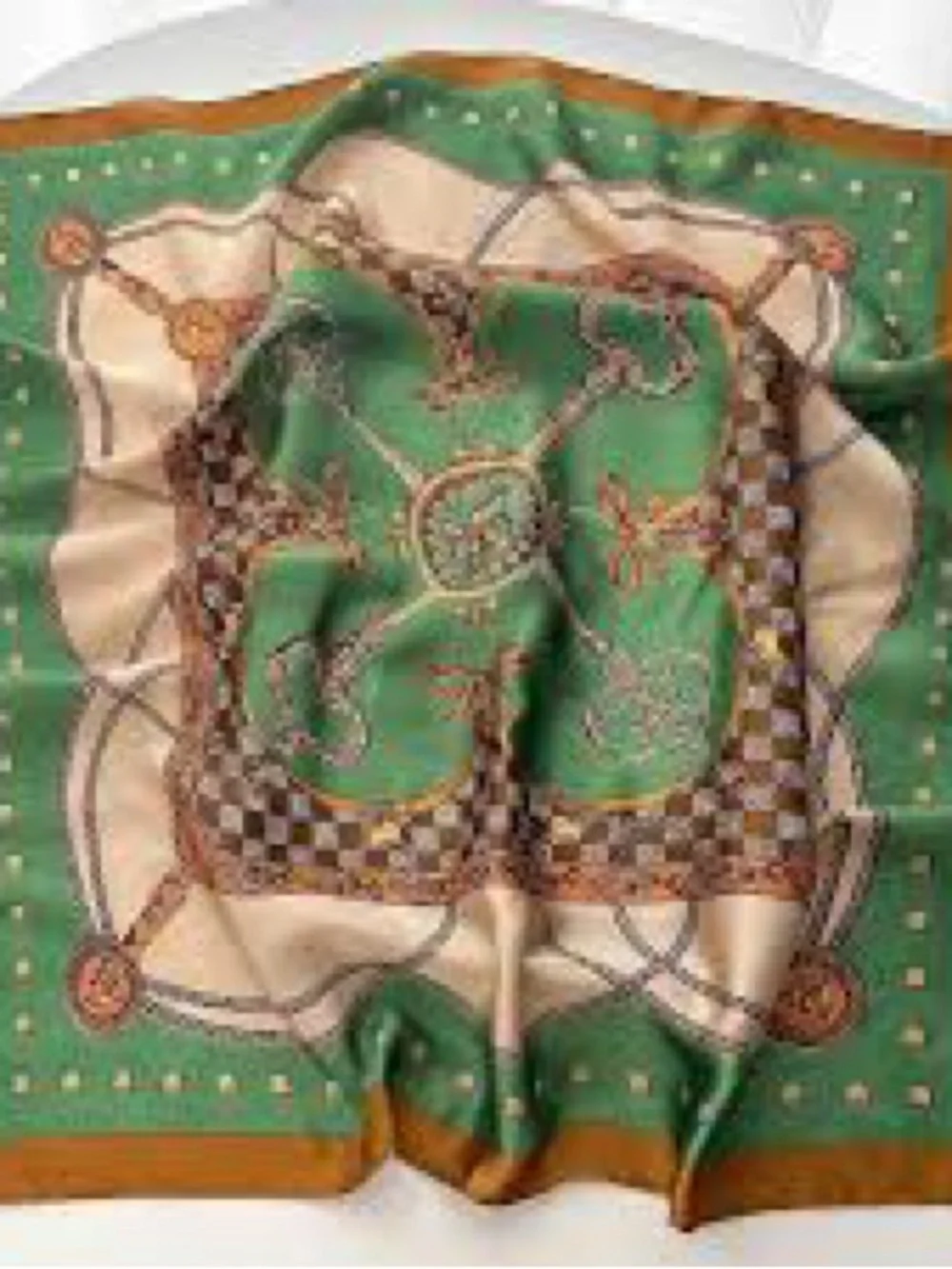 Silk-Feel Green & Gold Patterned Head Scarf
